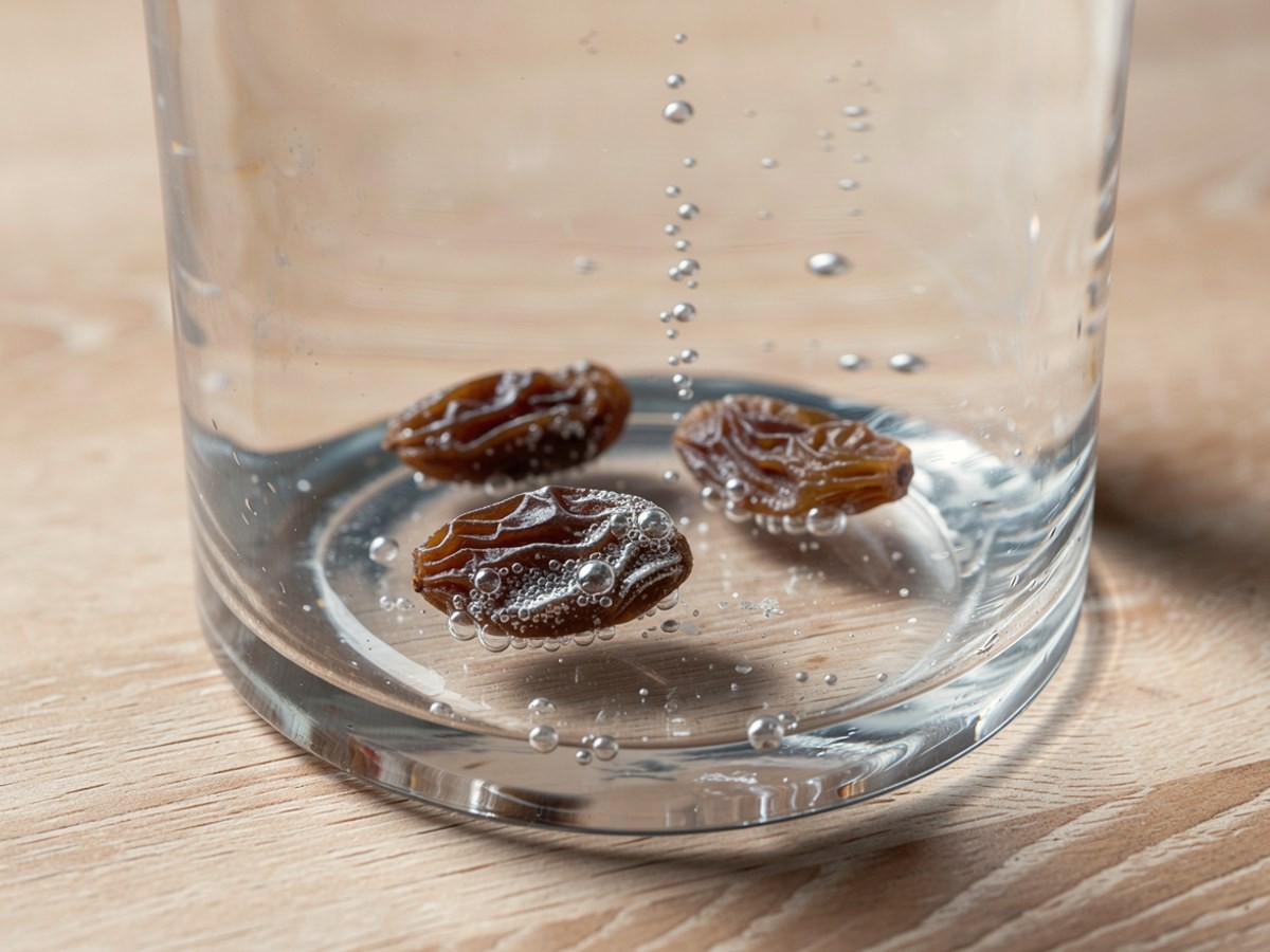 Nahaufnahme einer Rosine am Boden eines Glases, an ihrer runzeligen Oberfläche haften dicht an dicht winzige silbrige Bläschen