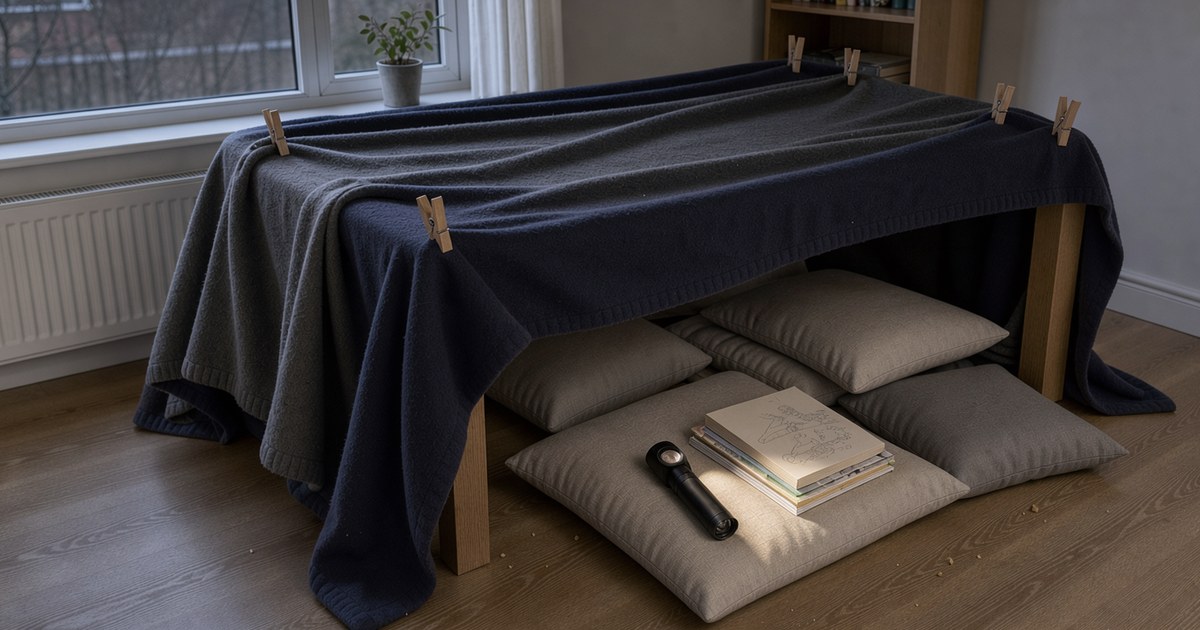 Eine Höhle aus Decken über einem Esstisch, im Inneren liegen Kissen und ein aufgeschlagenes Buch, das von einer Taschenlampe angestrahlt wird