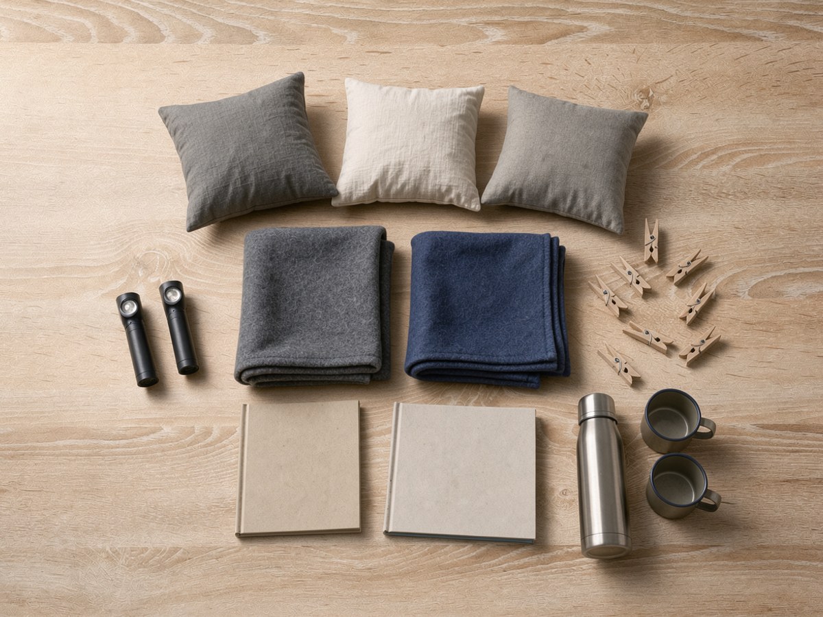 Flatlay auf hellem Holz: zwei zusammengelegte Wolldecken, drei Kissen, zwei kleine Taschenlampen, eine Handvoll Wäscheklammern, zwei Bilderbücher und eine Thermoskanne mit zwei Bechern
