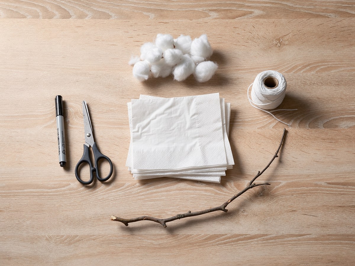 Flatlay auf hellem Holz: ein Stapel weißer Papiertaschentücher, ein Häufchen Watte, eine Rolle dünnes weißes Garn, ein schwarzer Filzstift, eine Schere und ein kahler Zweig