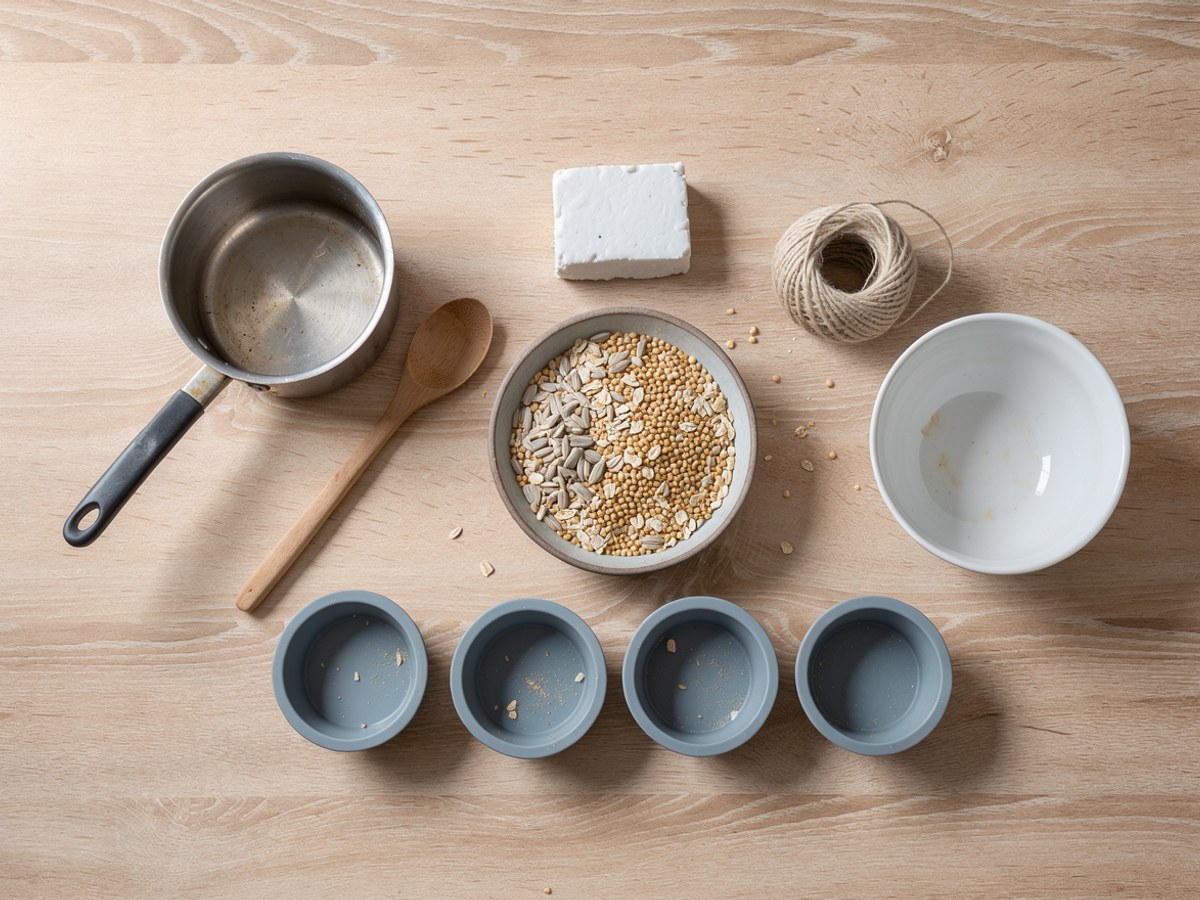 Flatlay auf hellem Holz: ein Block Kokosfett, eine Schale mit Körnermischung, vier kleine Silikonförmchen, ein Knäuel Naturschnur und ein kleiner Topf