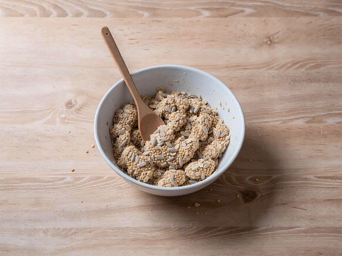 Eine Schüssel auf hellem Holz, darin eine dicke Masse aus Körnern und Fett, ein Holzlöffel steckt darin