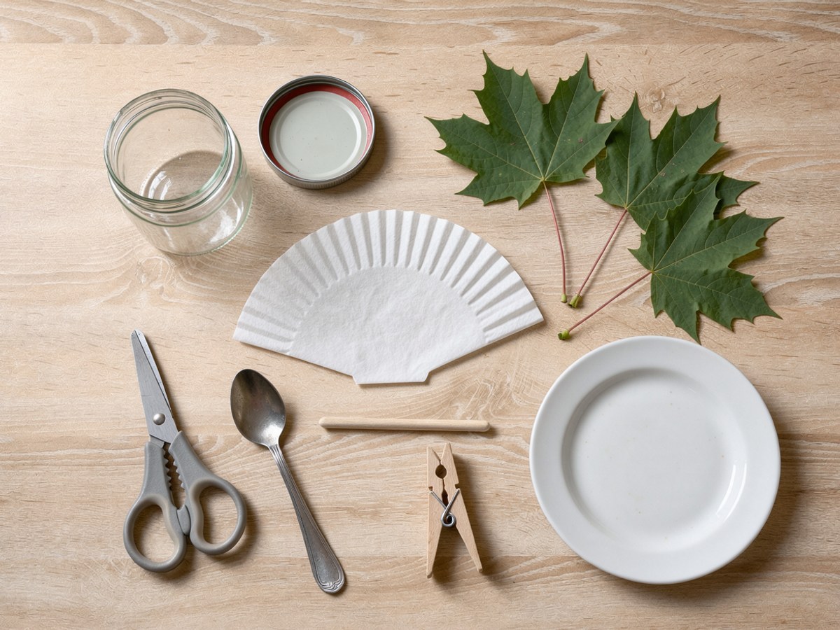 Flatlay auf hellem Holz: ein leeres kleines Schraubglas mit zwei Deckeln daneben, ein Zweig frischer grüner Ahornblätter, ein weißer Kaffeefilter, ein Holzstäbchen, eine Schere, ein Teelöffel, eine Wäscheklammer und ein weißer Teller