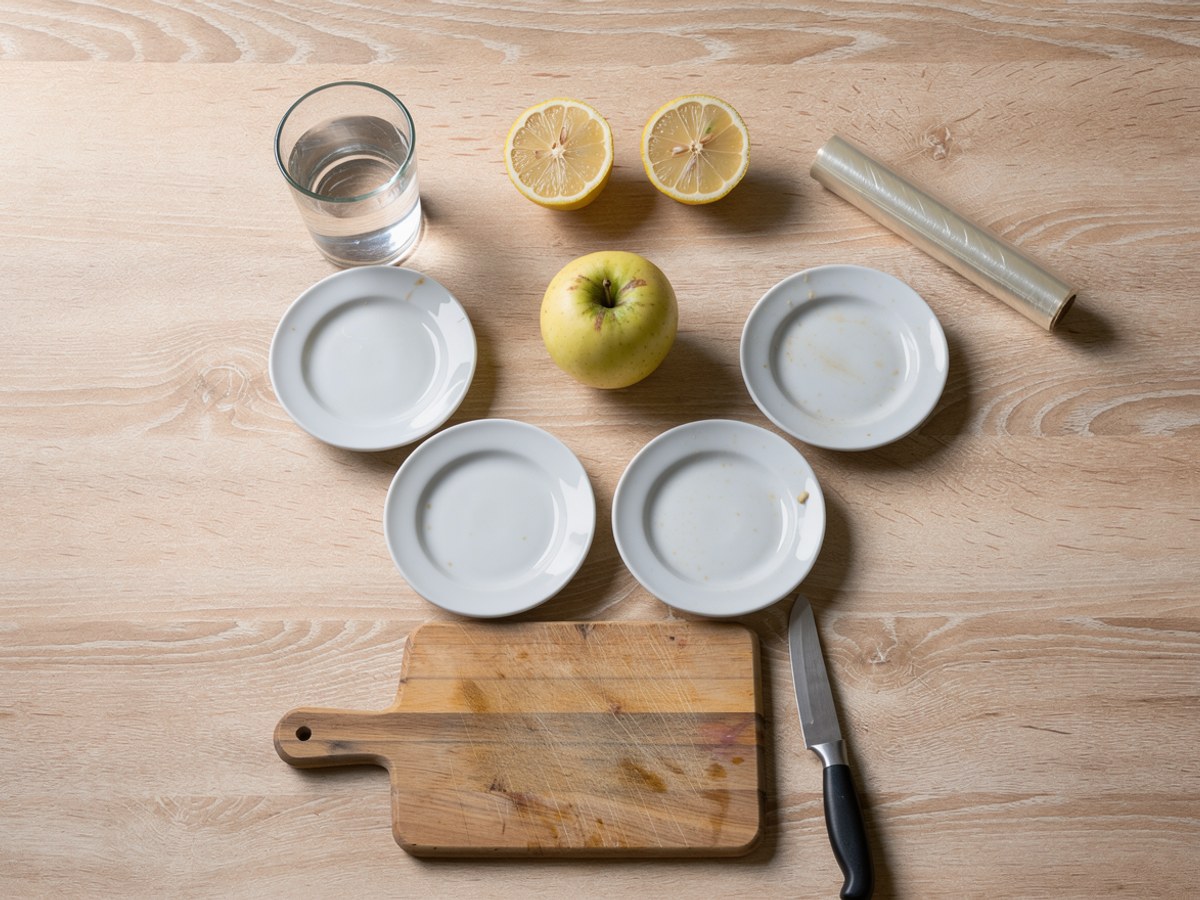 Flatlay auf hellem Holz: ein ganzer Apfel, eine halbierte Zitrone, ein Glas Wasser, eine Rolle Frischhaltefolie, kleine weiße Teller, ein Holzbrett und ein flach liegendes Messer