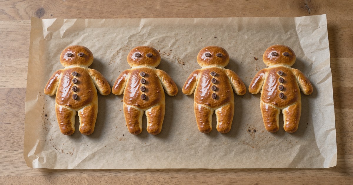 Drei goldbraun gebackene Weckmänner aus Hefeteig liegen nebeneinander auf Backpapier auf einem hellen Holztisch, jeder mit rundem Kopf, kurzen Armen und Beinen und Rosinen als Augen, Mund und Knöpfe