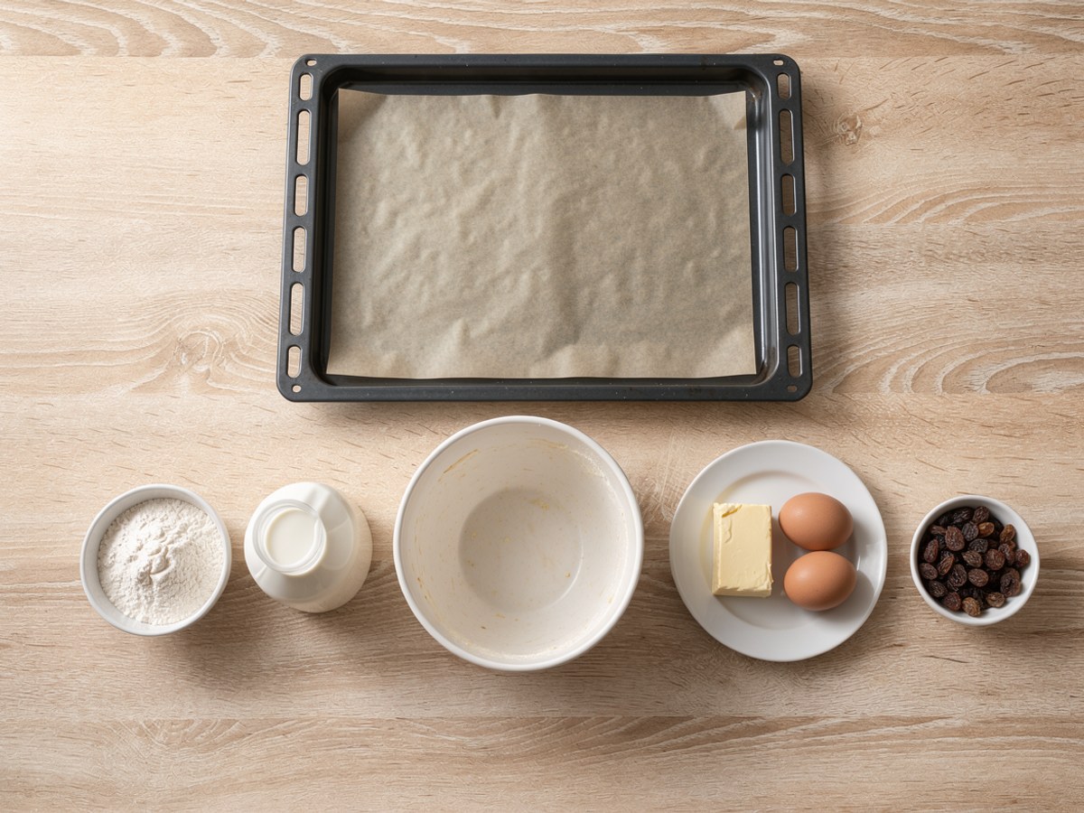 Flatlay auf hellem Holz: oben ein leeres Backblech mit Backpapier, darunter eine große leere weiße Rührschüssel, links ein Schälchen Mehl und ein kleiner Krug Milch, rechts ein Teller mit einem Stück Butter und zwei braunen Eiern und ein Schälchen Rosinen