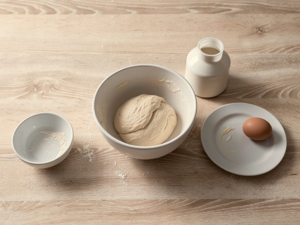 In der großen weißen Rührschüssel liegt ein frisch gekneteter, noch kleiner cremeweißer Hefeteigkloß; daneben das leere Mehlschälchen, das leere Milchkännchen und ein übrig gebliebenes Ei
