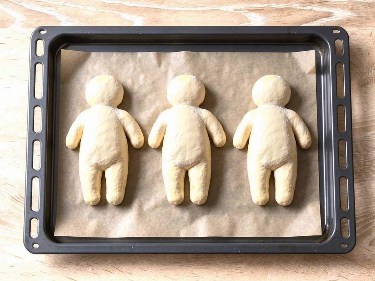 Von oben: drei frisch geformte Weckmänner aus mattem, cremeweißem Hefeteig liegen auf Backpapier im Backblech, mit Kopf, abgespreizten Armen und zwei Beinen, noch ohne Rosinen und ohne Eigelb