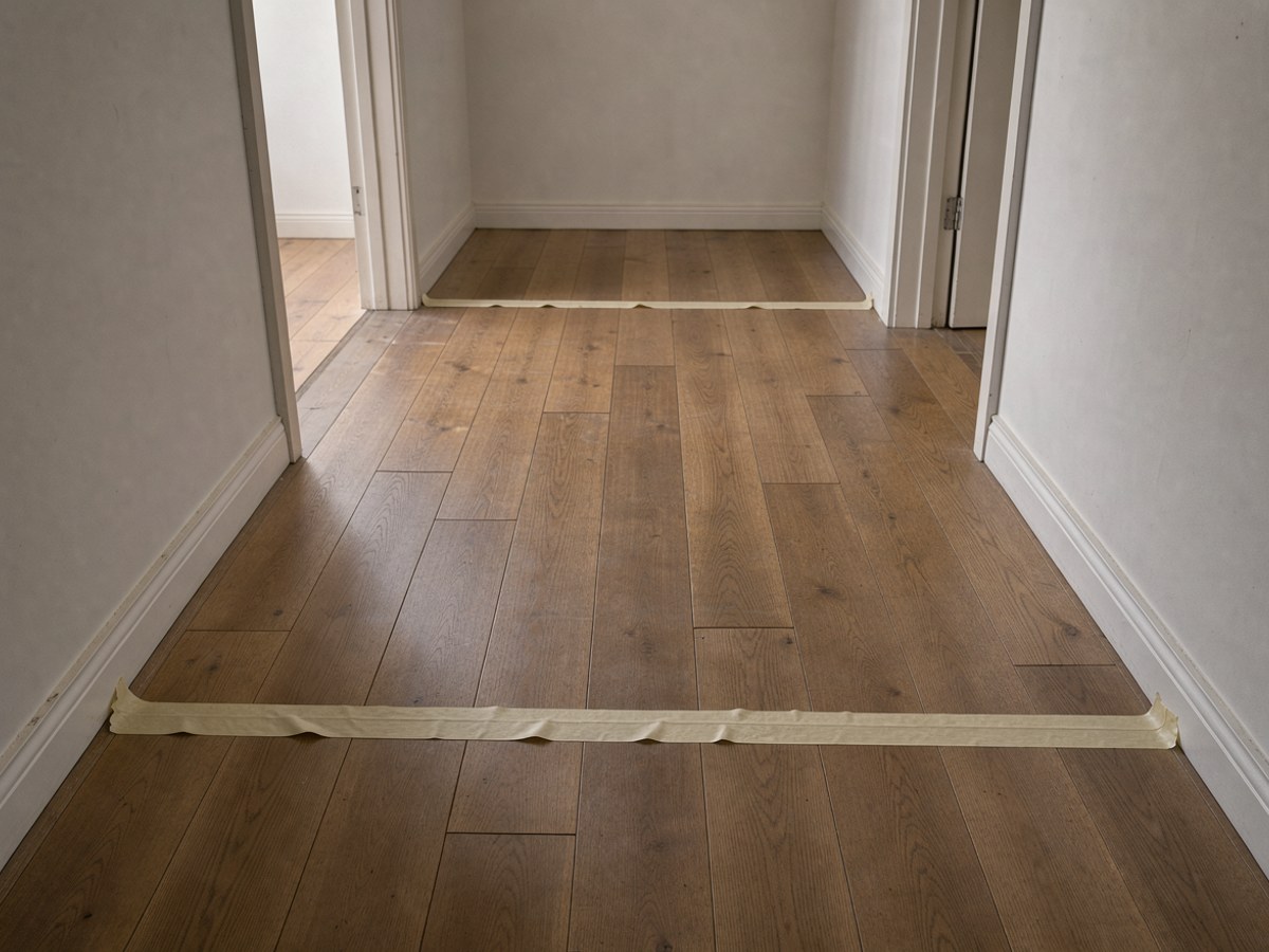 Blick der Länge nach durch einen leeren Wohnungsflur: zwei Streifen Kreppband kleben quer über den Dielen, einer im Vordergrund, einer am anderen Ende, dazwischen ist der Boden frei
