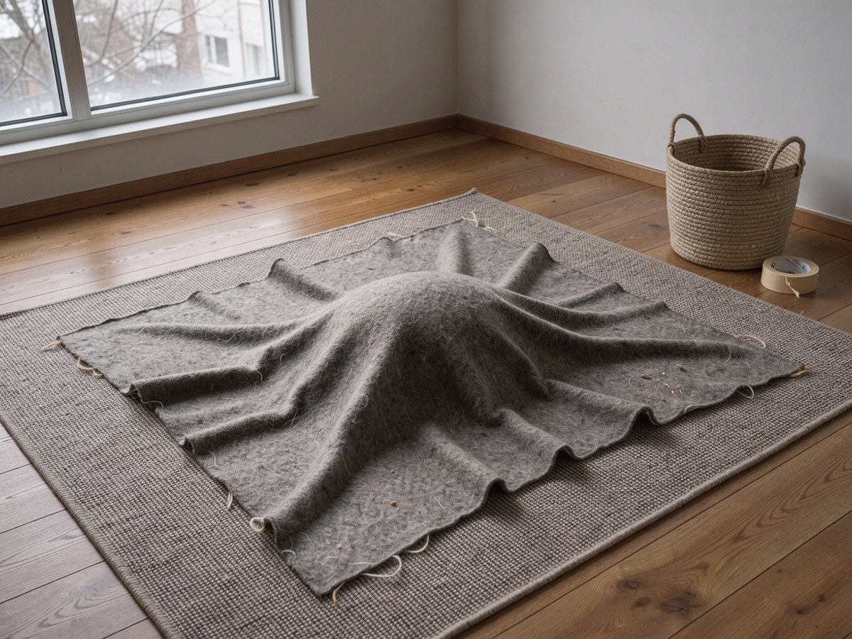 Eine Decke liegt auf einem Teppich und wölbt sich in der Mitte zu einem runden Hügel auf