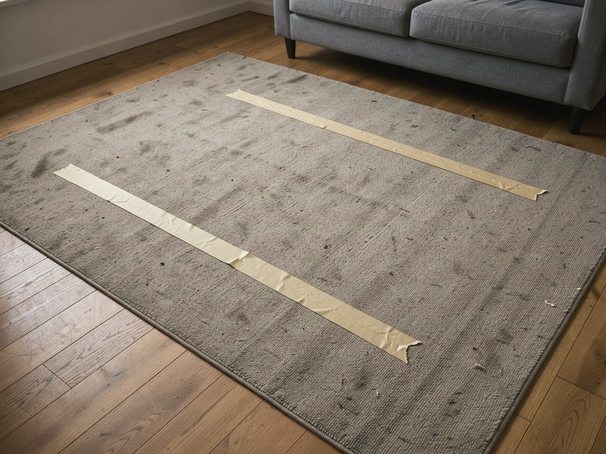 Zwei kurze Streifen Kreppband kleben parallel mit großem Abstand auf einem Teppich, dazwischen eine breite freie Fläche Teppich