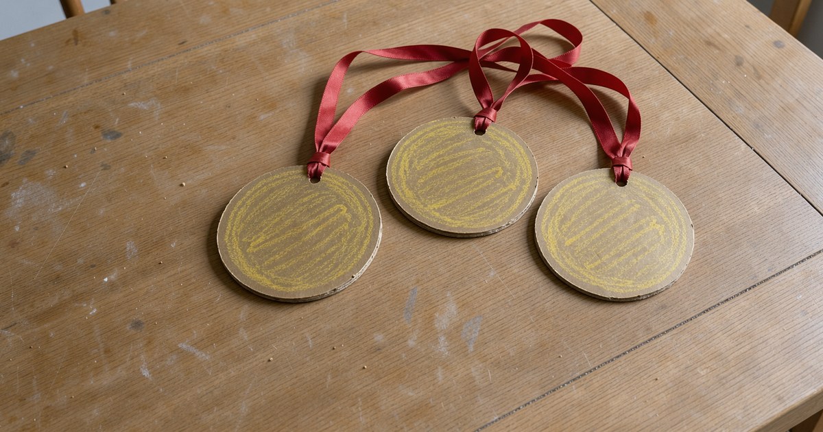 Steil von oben auf eine helle Holztischplatte: drei runde Medaillen aus brauner Pappe, mit gelbem Wachsmalstift golden angemalt, an roten Satinbändern, die nach oben aus dem Bild laufen; unten links endet die Tischkante im Schatten