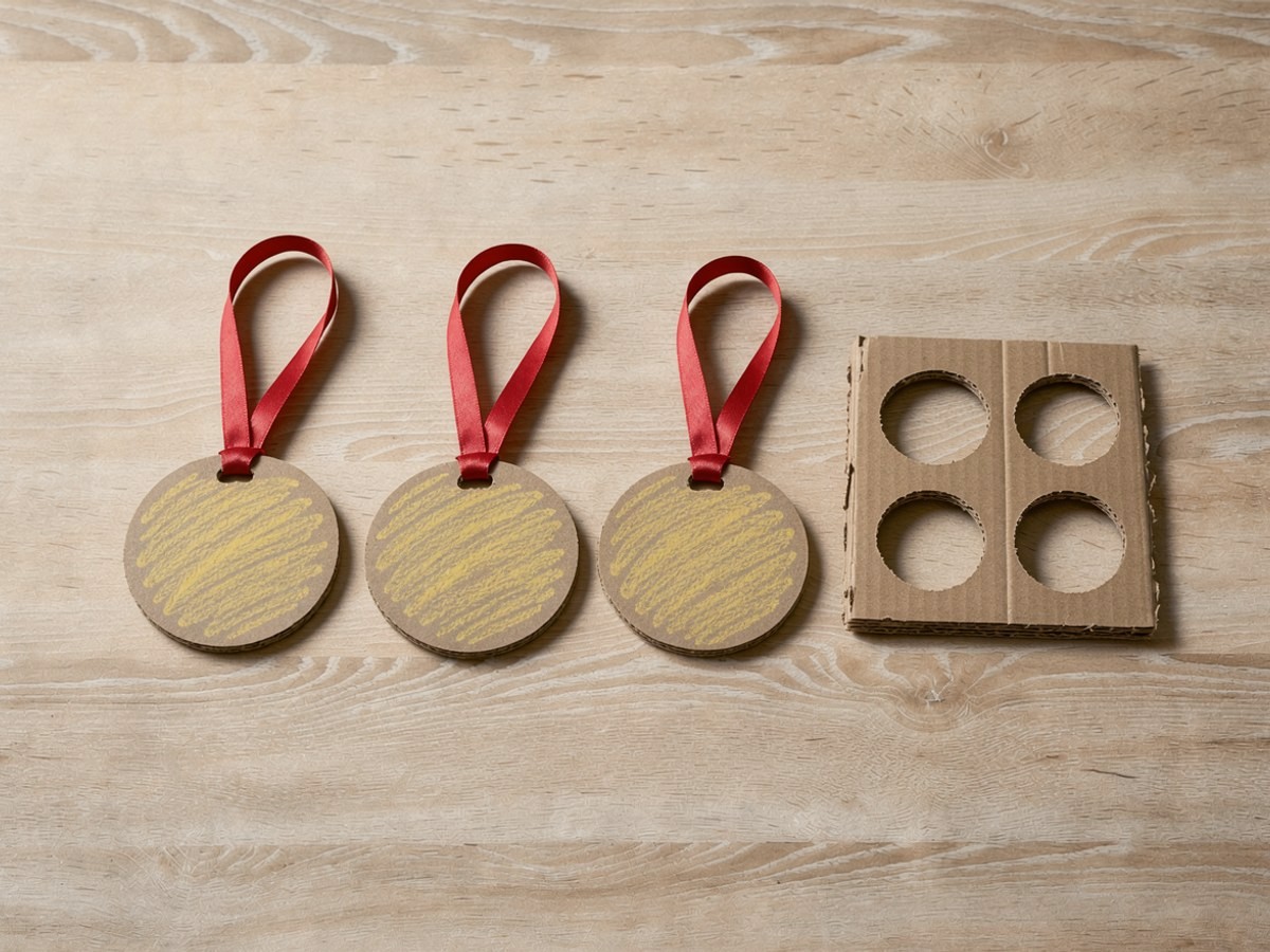 Von oben auf hellem Holz: drei runde Pappmedaillen, mit gelbem Wachsmalstift angemalt, jede mit einem roten Band durch ein Loch am oberen Rand; dahinter der Pappstreifen mit drei runden Löchern, aus denen die Medaillen geschnitten sind
