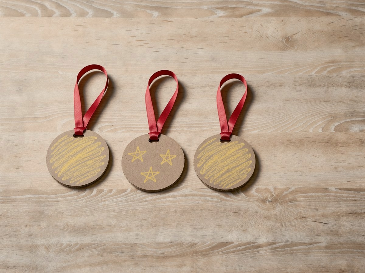 Eine Medaille liegt umgedreht, auf ihrer braunen Pappe-Rückseite sind mit gelbem Wachsmalstift zwei kleine Sterne gemalt; daneben liegen zwei Medaillen mit der goldenen Seite nach oben.