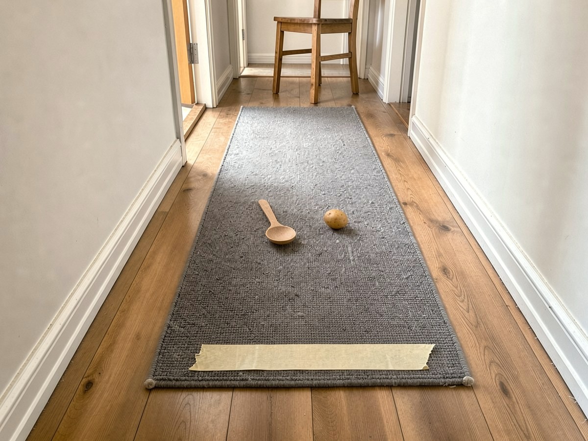 Mitten auf der Laufstrecke im Flur liegt der Holzlöffel leer auf dem Läufer, die Kartoffel ist ein Stück weitergerollt.