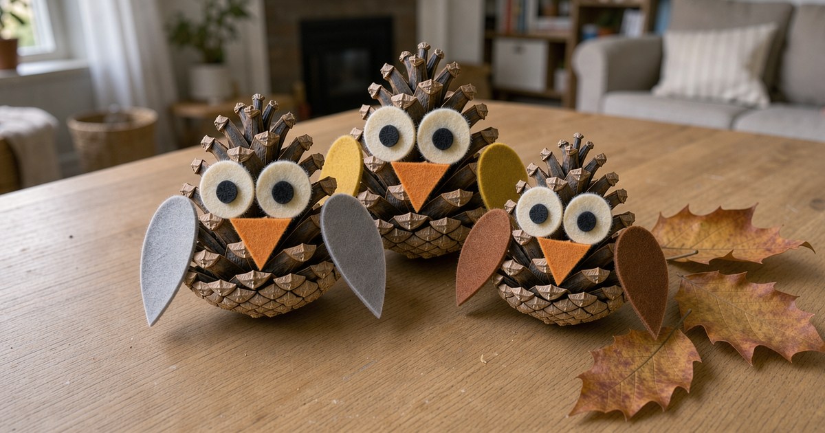 Drei fertige Zapfen-Eulen mit großen weißen Filzaugen, orangefarbenem Schnabel und Filzflügeln in Grau, Senfgelb und Rostbraun stehen nebeneinander auf einem Holztisch, davor liegen drei Herbstblätter