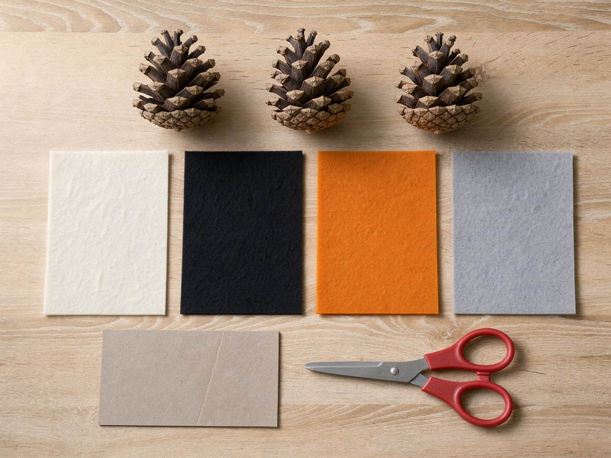 Flatlay auf hellem Holz: drei geöffnete braune Kiefernzapfen, vier Stücke Bastelfilz in Weiß, Schwarz, Orange und Grau, ein Stück graue Pappe und eine leicht geöffnete Bastelschere mit roten Griffen und Metallklingen