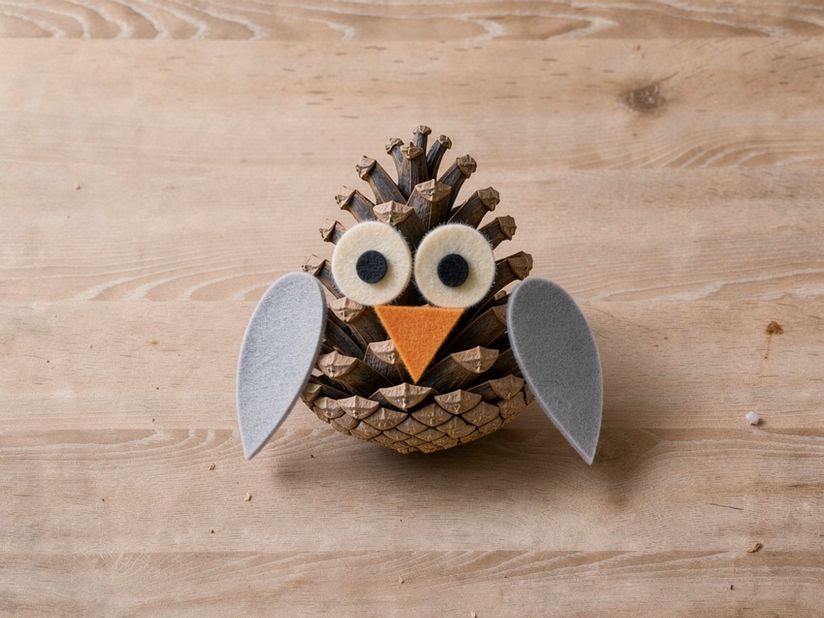 Die fertige Zapfen-Eule steht aufrecht auf dem Holz, mit zwei Filzaugen, orangem Schnabel und je einem grauen Filzflügel flach an jeder Seite.