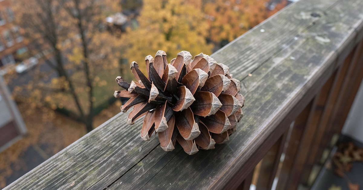 Ein weit geöffneter Kiefernzapfen liegt auf einem verwitterten hölzernen Balkongeländer, tief darunter unscharf herbstlich gelbe und orange Baumkronen