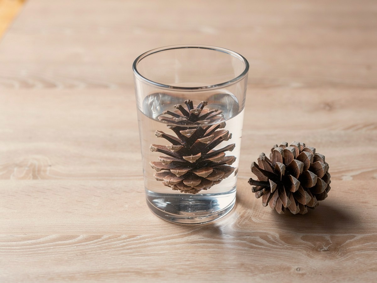 Ein hohes klares Glas voll Wasser steht auf hellem Holz, darin liegt ein nasser, noch geöffneter Kiefernzapfen