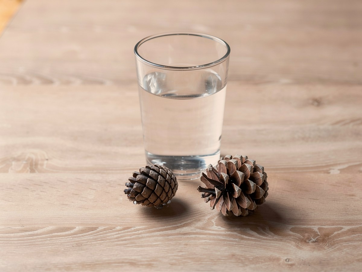 Zwei Kiefernzapfen liegen nebeneinander vor dem Wasserglas: links der nasse, dunkle Zapfen schmal und mit fest geschlossenen Schuppen, rechts der trockene, hellere Zapfen rund und weit geöffnet