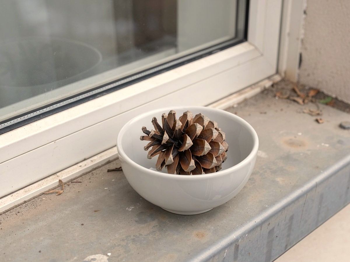 Draußen auf der Fensterbank vor dem Fenster steht die kleine weiße Schale, darin ein trockener, weit geöffneter Kiefernzapfen, dahinter die Fensterscheibe